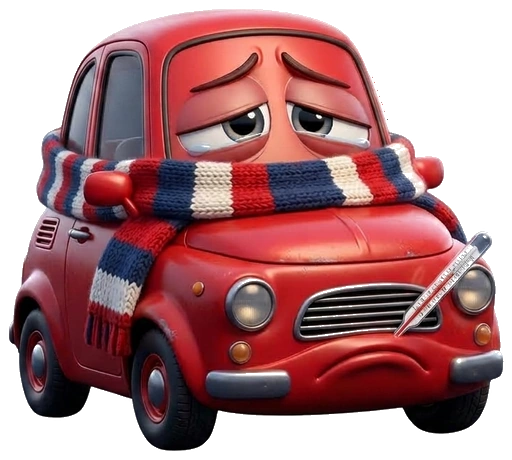 Sick cartoon red car with thermometer and scarf