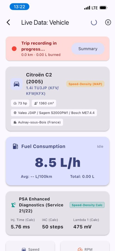 OBD Vault diagnostics screen for a Citroën C2