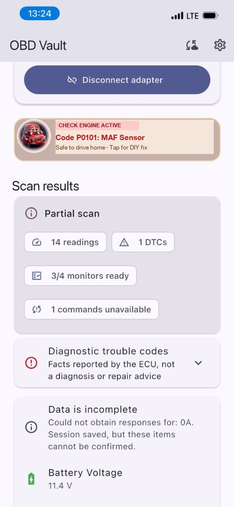 OBD Vault fault code scan results