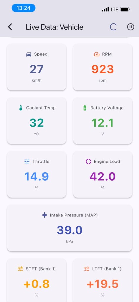 OBD Vault live data screen with sensor gauges