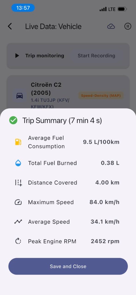OBD Vault trip summary screen